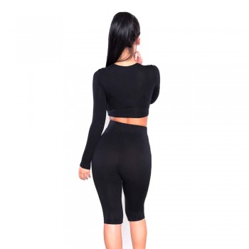 Crop Top Pants O-Neck Party Outfit Workout Clothes Khaki Black